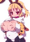  :o alternate_breast_size animal_ears blonde_hair blush bow bowtie breasts breasts_outside bright_pupils bunny_earmuffs bunny_ears covered_navel cowboy_shot deep_skin disgaea eyebrows_visible_through_hair fake_animal_ears fur-trimmed_jacket fur-trimmed_sleeves fur_trim furrowed_eyebrows grabbing_own_breast hairband highres hood hood_down huge_breasts jacket leotard long_sleeves makai_senki_disgaea_5 open_clothes open_jacket plump red_eyes scarf short_eyebrows short_hair simple_background solo sweat thick_eyebrows usalia_(disgaea) white_background white_scarf yellow_jacket zankuro 
