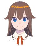  blue_eyes brown_hair closed_mouth collared_shirt eyebrows_visible_through_hair hair_flaps highres long_hair looking_at_viewer nagisa_kurousagi neck_ribbon portrait red_neckwear red_ribbon ribbon shiny shiny_hair shirt simple_background smile solo tokino_sora tokino_sora_channel virtual_youtuber white_background white_shirt wing_collar 