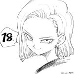  2018 android_18 character_name close-up commentary dated dragon_ball dragon_ball_z earrings english_commentary eyelashes face greyscale highres jewelry looking_at_viewer monochrome number short_hair simple_background smile solo speech_bubble tkgsize twitter_username upper_body white_background 