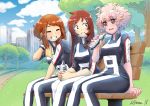  3girls ashido_mina black_sclera boku_no_hero_academia brown_eyes brown_hair gym_uniform horns multiple_girls original_character park park_bench pink_hair pink_skin short_hair uraraka_ochako water_bottle yellow_eyes 