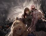  ak-12_(girls_frontline) an-94_(girls_frontline) arm_guards armband assault_rifle bangs blonde_hair blue_eyes blurry blurry_background blurry_foreground braid breasts brown_eyes brown_hair cloak closed_eyes closed_mouth clothes_around_waist cloud cloudy_sky coat commentary defy_(girls_frontline) detached_sleeves eyebrows_visible_through_hair french_braid girls_frontline gloves gun hair_between_eyes hair_ornament hairband headphones holding holding_weapon jacket jacket_around_waist long_hair long_sleeves looking_at_viewer looking_away m4a1_(girls_frontline) medium_breasts mod3_(girls_frontline) multicolored_hair multiple_girls pink_hair ponytail ribbed_sweater ribbon rifle scarf sidelocks silence_girl silver_hair sky smile st_ar-15_(girls_frontline) streaked_hair sweater sweater_vest tactical_clothes thighhighs very_long_hair weapon 
