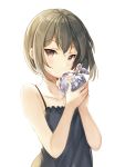  apple bare_arms bare_shoulders blush brown_eyes brown_hair camisole commentary_request food fruit hands_up highres holding looking_at_viewer original short_hair sibyl simple_background solo white_background 