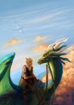  2014 blonde_hair clothed clothing day digital_media_(artwork) digital_painting_(artwork) dragon duo_focus green_scales group hair horn neboveria outside scales scalie sky teeth western_dragon 