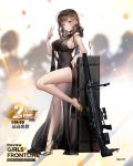  armlet bangs bare_legs black_dress black_hair blunt_bangs breasts champagne_flute cleavage covered_navel cup dress drinking_glass dsr-50_(girls_frontline) earrings eyebrows_visible_through_hair full_body girls_frontline gun high_heels jewelry large_breasts liduke long_hair looking_at_viewer necklace official_art parted_lips red_eyes rifle ring see-through sidelocks sniper_rifle solo standing standing_on_one_leg strap_gap weapon weapon_case 