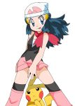  :p absurdres beanie blue_eyes blue_hair blush covering covering_crotch hainchu hat highres hikari_(pokemon) looking_at_viewer looking_up pikachu pokemon pokemon_(anime) red_scarf scarf simple_background skirt tongue tongue_out white_background 