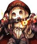  bangs belt belt_buckle black_belt blunt_bangs buckle empty_eyes eyebrows eyes_visible_through_hair head_tilt highres hood hood_up little_red_riding_hood_(sinoalice) lock long_hair open_mouth orange_eyes ribbon simple_background sinoalice solo teeth tongue white_background white_ribbon yukino_super 