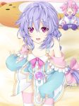  braid character_doll commentary_request flat_chest horizontal_stripes joney long_hair looking_at_viewer neptune_(choujigen_game_neptune) neptune_(series) open_mouth pink_eyes purple_hair pururut single_braid sitting smile solo striped thighhighs 