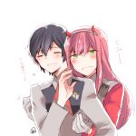  1boy 1girl bam_boo29 black_hair blush couple darling_in_the_franxx eyes_closed fang fringe green_eyes hair_ornament hairband hand_up hetero hiro_(darling_in_the_franxx) horns hug_from_behind long_hair long_sleeves military military_uniform necktie oni_horns pink_hair red_horns red_neckwear short_hair straight_hair translation_request uniform white_gloves white_hairband zero_two_(darling_in_the_franxx) 