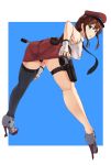  ass asymmetrical_legwear bangs belt bent_over black_panties braid brown_hair commentary_request gloves green_eyes gun handgun highres holster holstered_weapon kantai_collection long_hair looking_at_viewer necktie noshiro_(kantai_collection) panties pistol rudder_shoes solo swept_bangs thighhighs tsukira_(amayadori) twin_braids underwear weapon white_gloves 