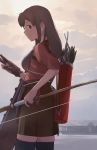  akagi_(kantai_collection) alternate_color archery bow_(weapon) brown_eyes brown_hair brown_skirt commentary_request day gloves grey_legwear holding holding_bow_(weapon) holding_weapon kantai_collection kyuudou looking_back makio_(makiomeigenbot) muneate nakau outdoors partly_fingerless_gloves profile quiver single_glove skirt solo standing thighhighs weapon yugake 