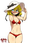  adjusting_clothes adjusting_hat aono3 arm_behind_back bangs bikini black_bow black_ribbon blush bow breasts commentary_request cowboy_shot emblem fang front-tie_bikini front-tie_top frown girls_und_panzer hat hat_bow hat_ribbon katyusha looking_away navel pravda_(emblem) print_bikini red_bikini ribbon short_hair simple_background small_breasts solo standing sun_hat swimsuit translation_request white_background white_hat 