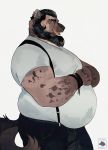  2018 anthro beard belly black_hair blue_eyes bracelet clothing facial_hair hair hyena jewelry male mammal open_mouth overweight overweight_male pants shirt simple_background smile solo suspenders vetrowolf white_background 