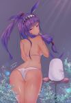  animal_ears arched_back ass back bangs bikini dark_skin dated eyebrows_visible_through_hair facepaint fate/grand_order fate_(series) from_behind hair_tubes hairband highres jackal_ears long_hair looking_back medjed nitocris_(fate/grand_order) ponytail purple_eyes purple_hair sai_(saipoko) signature swimsuit white_bikini 