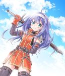  ahoge aqua_eyes arm_behind_back blue_sky day detached_sleeves fire_emblem fire_emblem:_souen_no_kiseki gloves headband mizuna_tomomi over_shoulder purple_hair sheath sheathed sky smile sword thighhighs wayu_(fire_emblem) weapon weapon_over_shoulder zettai_ryouiki 