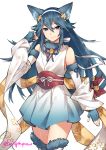  animal_ears bangs bell blue_eyes blue_hair bow cat_ears cat_tail closed_mouth cosplay detached_sleeves eyebrows_visible_through_hair fingerless_gloves fire_emblem fire_emblem:_kakusei fire_emblem_heroes fire_emblem_if fur_collar fur_trim gebyy-terar gloves hair_between_eyes hairband japanese_clothes jewelry jingle_bell kimono long_hair looking_at_viewer lucina multiple_tails nekomata obi sakura_(fire_emblem_if) sakura_(fire_emblem_if)_(cosplay) sash short_kimono simple_background single_earring smile solo tail tail_bell tail_bow thighhighs tiara two_tails white_background zettai_ryouiki 