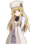  arms_behind_back bad_id bad_pixiv_id bangs black_bow blonde_hair blue_eyes blush bow closed_mouth commentary_request dress eyebrows_visible_through_hair fur_hat hair_flaps hat head_tilt highres long_hair long_sleeves looking_at_viewer mitchi princess_(princess_principal) princess_principal sidelocks smile solo very_long_hair 