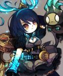  alice_(sinoalice) bangs belt black_belt black_gloves black_legwear blue_hair blue_hairband breasts cleavage closed_mouth cowboy_shot diamond_(shape) dress elbow_gloves empty_eyes eyebrows eyes_visible_through_hair frown gloves grey_background grey_dress hair_between_eyes hairband highres holding holding_sword holding_weapon huge_weapon looking_up medium_breasts no_pupils orange_eyes short_dress short_hair sinoalice solo sword thighhighs weapon yukino_super zettai_ryouiki 