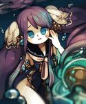  bangs black_sailor_collar blue_dress blue_eyes blue_hair breasts bubble dress empty_eyes hair_ornament hand_up highres long_hair looking_at_viewer medium_breasts multicolored_hair ningyo_hime_(sinoalice) no_panties no_pupils open_mouth pale_skin purple_hair sailor_collar sailor_dress side_slit sidelocks sinoalice solo twintails yukino_super 