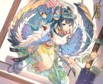  aile_(crossroads) animal bangs bare_shoulders bird blue_wings bridal_gauntlets commentary_request eyebrows_visible_through_hair facial_mark feathered_wings flower green_eyes green_hair hair_ornament hand_up head_wings kachou_fuugetsu_(onmyoji) long_hair looking_at_viewer multicolored multicolored_wings official_art onmyoji parted_lips pink_flower ponytail shirt sidelocks skirt sleeveless sleeveless_shirt solo water white_shirt white_wings wings yellow_skirt 