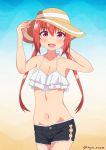  :d alternate_costume bad_id bad_pixiv_id bangs bikini black_shorts breasts collarbone cowboy_shot eyebrows_visible_through_hair fang frilled_bikini_top gabriel_dropout hand_on_headwear hat highres kurumizawa_satanichia_mcdowell long_hair looking_at_viewer medium_breasts navel nyaroon open_mouth purple_eyes red_hair short_shorts shorts smile solo sun_hat swimsuit twintails twitter_username white_bikini 