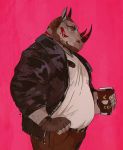  2017 anthro beard belt beverage clothing coffee facial_hair fingerless_gloves gloves horn jacket looking_down male mammal overweight overweight_male pants rhinoceros shirt simple_background smile solo tattoo vetrowolf 