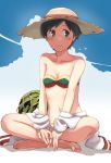  barefoot bikini black_eyes black_hair blue_sky breasts cloud cloudy_sky collarbone crossed_legs day food fruit hat indian_style kantai_collection looking_away makio_(makiomeigenbot) mogami_(kantai_collection) navel short_hair sitting sky small_breasts smile solo sun_hat swimsuit watermelon 