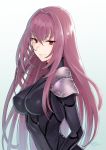  bodysuit breasts commentary_request covered_navel fate/grand_order fate_(series) from_side hair_intakes large_breasts long_hair looking_at_viewer pauldrons purple_bodysuit purple_hair red_eyes scathach_(fate)_(all) scathach_(fate/grand_order) shoukaki_(earthean) shoulder_armor simple_background smile smirk 
