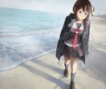  beach black_skirt blue_eyes blue_legwear blush braid brown_footwear brown_hair closed_mouth day footprints hair_flaps hair_ornament hands_in_pockets horizon jacket kantai_collection leaning_forward long_sleeves looking_at_viewer makio_(makiomeigenbot) necktie ocean open_clothes open_jacket outdoors pleated_skirt red_neckwear remodel_(kantai_collection) sailor_collar sand school_uniform serafuku shigure_(kantai_collection) shoes single_braid skirt smile socks solo walking white_sailor_collar 