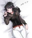  alternate_costume arm_at_side black_hair blue_eyes collarbone dated hand_up hands_in_hair high_ponytail highres holding holding_hair idolmaster idolmaster_shiny_colors kazano_hiori loeldrive long_hair looking_at_viewer lying messy_hair mole mole_under_mouth on_back on_bed pants parted_lips ponytail solo thigh_gap thighs tsurime wavy_hair 
