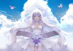  :d aircraft airplane azur_lane blue_eyes blush bouquet breasts cherry_blossoms cleavage cloud commentary_request day dress flight_deck flower highres illustrious_(azur_lane) ji_yue large_breasts low_twintails medium_hair mole mole_under_eye open_mouth petals short_dress smile solo tiara twintails wedding_dress white_dress white_hair 