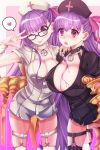  amedana bb_(fate)_(all) bb_(fate/extra_ccc) bb_shot! black_legwear blush bow breasts cleavage commentary_request eyebrows_visible_through_hair fate/extra fate/extra_ccc fate/grand_order fate_(series) glasses hair_between_eyes hair_bow hat highres huge_breasts long_hair looking_at_viewer multiple_girls navel nurse nurse_cap passion_lip purple_eyes purple_hair short_sleeves smile syringe thighhighs tongue tongue_out v very_long_hair white_legwear wrist_cuffs 