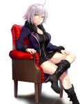  ahoge armchair black_dress boots breasts chair cleavage commentary_request crossed_legs dress eyebrows_visible_through_hair fate/grand_order fate_(series) full-length_zipper fur_collar fur_trim hair_between_eyes high_heel_boots high_heels highres jacket jeanne_d'arc_(alter)_(fate) jeanne_d'arc_(fate)_(all) kano_(kanokano44) large_breasts long_hair necktie pale_skin short_dress silver_hair sitting solo white_background yellow_eyes zipper 