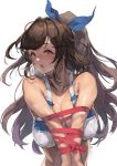  artist_name bangs bare_shoulders bdsm blue_bow blush bondage bound bound_arms bow breasts brown_eyes brown_hair cleavage commentary_request covered_nipples crop_top earrings hair_bow halterneck idolmaster idolmaster_shiny_colors jewelry large_breasts long_hair looking_at_viewer messy_hair midriff olys open_mouth ponytail red_bow ribbon shiny shiny_skin solo squeezing sweatdrop tank_top tsukioka_kogane 