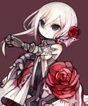  asymmetrical_hair bad_id bad_pixiv_id bangs bare_shoulders closed_mouth empty_eyes eyebrows flower frown gauntlets hair_between_eyes hair_flower hair_ornament highres holding holding_hair long_hair pale_skin purple_background purple_eyes red_flower red_rose rose sinoalice sleeveless snow_white_(sinoalice) solo straight_hair v-shaped_eyebrows white_hair yukino_super 
