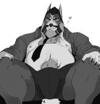  &lt;3 5_fingers anthro barazoku beard belly black_hair body_hair canine chest_hair clothing facial_hair hair male mammal monochrome muscular muscular_male navel necktie nipples overweight overweight_male shirt smilign solo stomach_hair underwear vetrowolf wolf 