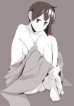  barefoot breasts closed_mouth commentary_request crossed_legs grey_background greyscale kaga_(kantai_collection) kantai_collection leg_hug looking_at_viewer makio_(makiomeigenbot) medium_breasts monochrome nude one_side_up sideboob simple_background sitting solo toes 