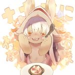  animal_ears arms_up bangs blush bunny_ears colored_eyelashes commentary_request ears_through_headwear eating eyebrows_visible_through_hair fang food food_in_mouth furry hajime_(hajime-ill-1st) hands_on_own_face hat highres holding holding_spoon horns long_hair looking_at_viewer made_in_abyss nanachi_(made_in_abyss) navel nose_blush open_mouth paws plate smile solo soup spoon topless upper_body upper_teeth white_hair yellow_eyes 
