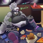  belly big_belly black_nose burping canine collar eggo21 food fur grey_fur male mammal nintendo purple_eyes solo star_fox stuffing video_games weight_gain wolf wolf_o&#039;donnell 