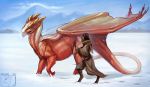  2017 ambiguous_gender day detailed_background digital_media_(artwork) digitigrade dragon duo feral horn humanoid membranous_wings neboveria outside scalie sky snow western_dragon wings yellow_eyes 