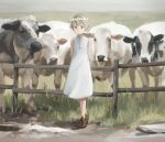  arms_behind_back blush brown_footwear cow day dress fence field flock grass grey_eyes grey_hair head_wreath kantai_collection legs_together looking_at_viewer makio_(makiomeigenbot) outdoors parted_lips sandals short_hair sleeveless sleeveless_dress smile solo standing white_dress wooden_fence z1_leberecht_maass_(kantai_collection) 
