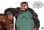  anthro barrel beard black_hair cigar clothing english_text facial_hair green_eyes hair jacket male mammal overweight overweight_male pig porcine shirt simple_background solo speech_bubble text vetrowolf watch white_background 