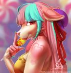  2018 5_fingers anthro bust_portrait candy cat digital_media_(artwork) feline female food fur hair japanese_bobtail landysh licking lollipop long_hair looking_at_viewer mammal pink_fur portrait red_eyes seductive solo solo_focus tongue tongue_out 