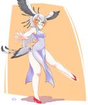  alternate_costume artist_name blonde_hair blush china_dress chinese_clothes dress feathered_wings feathers glasses grey_hair high_heels highres kemono_friends long_hair multicolored_hair orange_hair secretarybird_(kemono_friends) solo standing standing_on_one_leg uho_(uhoyoshi-o) white_background wings yellow_eyes 