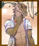  2017 anthro athletic brown_skin claws clothed clothing crocodile crocodilian leonelatwerk looking_at_viewer male manly nile_crocodile obelisk partially_clothed reptile scalie shirt simple_background solo standing teeth yellow_eyes 
