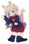  animal_ear_fluff animal_ears bangs black_jacket black_legwear blue_eyes blush clenched_hand collared_shirt commentary_request eyebrows_visible_through_hair fang full_body hajime_(hajime-ill-1st) highres jacket kneeling leaning_forward light_brown_hair long_hair long_sleeves looking_at_viewer open_mouth original paw_pose pleated_skirt red_neckwear red_ribbon red_skirt ribbon shirt simple_background skirt solo sweatdrop tail thighhighs thighs trembling two_side_up very_long_hair wavy_hair white_background white_shirt 