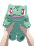  2016 3:4 ambiguous_gender bulbasaur carrying first_person_view forehead_marking green_body human liangpe looking_at_viewer mammal nintendo open_mouth open_smile pok&eacute;mon pok&eacute;mon_(species) red_eyes simple_background smile video_games white_background white_pupils 