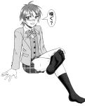  1girl blush feet highres legs_crossed looking_at_viewer monochrome no_shoes school_uniform sitting smile socks soles translated 