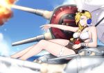  azur_lane blonde_hair blue_eyes bracelet breasts cannon cleavage commentary_request cup dabuki drinking_straw eyewear_on_head firing flower hair_flower hair_ornament hair_over_shoulder highres hood_(azur_lane) jewelry long_hair machinery muzzle_flash one-piece_swimsuit outstretched_arm sitting solo sunglasses swimsuit thigh_strap turret umbrella 