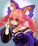  :d animal_ear_fluff animal_ears bad_id bad_pixiv_id bangs bare_shoulders bow breasts cleavage detached_collar detached_sleeves eyes_visible_through_hair fate/extra fate_(series) fox_ears fox_girl fox_shadow_puppet fox_tail gradient gradient_background hair_between_eyes hair_bow hand_up highres japanese_clothes large_breasts long_hair long_sleeves obi open_mouth orange_eyes orange_pupils pelvic_curtain pink_hair purple_bow sash smile solo strapless tail tamamo_(fate)_(all) tamamo_no_mae_(fate) tongue twintails upper_body v-shaped_eyebrows wide_sleeves yukino_super 