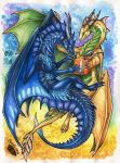  2018 claws dragon duo feral green_eyes holding_gift holding_object horn membranous_wings natoli open_mouth scalie smile spines traditional_media_(artwork) western_dragon wings 